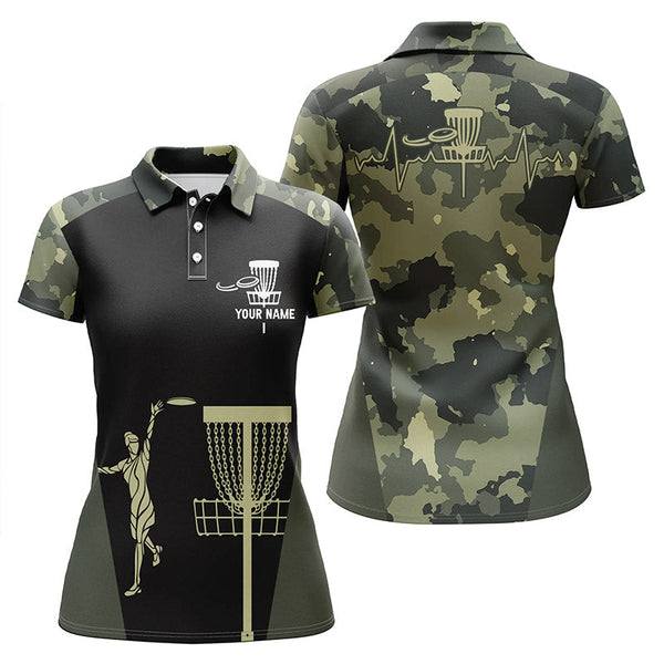 Womens disc golf polo shirt custom black camo disc golfers basket, personalized disc golf gifts NQS5314