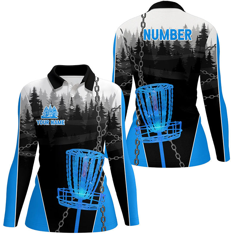 Womens Disc golf polo shirts custom black chain disc golf jerseys, disc golf outfit | Blue NQS7517