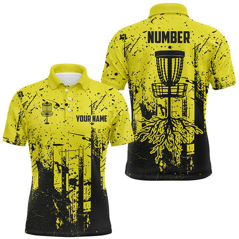 Black & yellow grunge pattern Mens Disc golf polo shirts custom disc golf jerseys, disc golf attire NQS8101