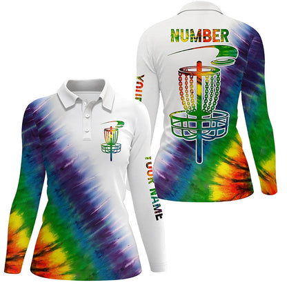 Womens disc golf polo shirts with colorful rainbow tie die disc golf basket custom disc golf apparel NQS6202