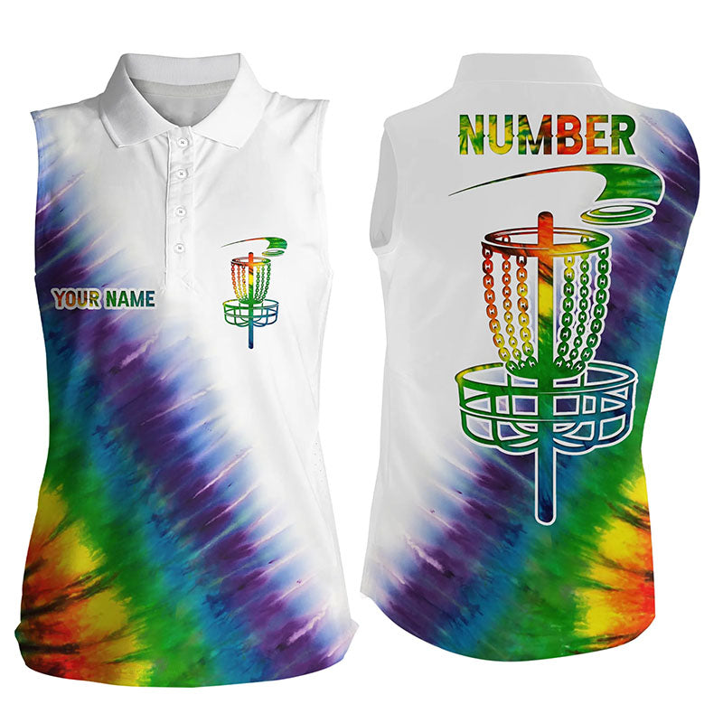 Womens sleeveless polo shirts with colorful rainbow tie die disc golf basket custom disc golf apparel NQS6202