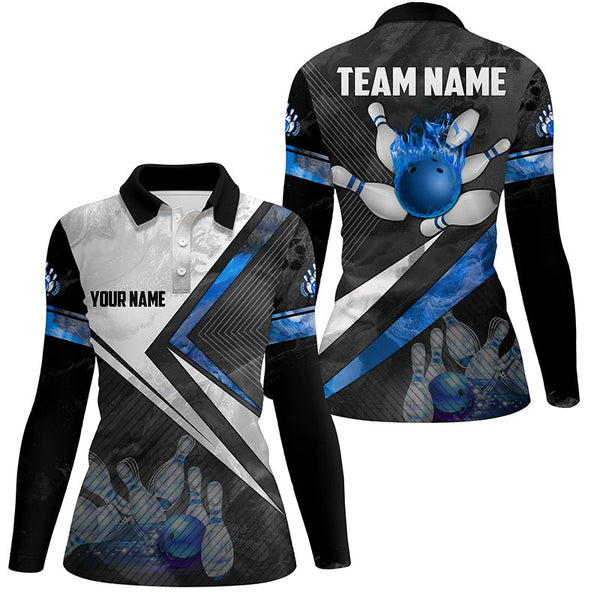 Black and white Bowling polo Shirt for women Custom bowling ball pins team Bowler Jerseys | Blue NQS6447