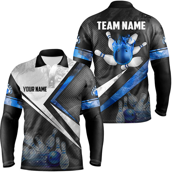 Black and white Bowling polo Shirt for men Custom bowling ball pins team Bowler Jerseys | Blue NQS6447