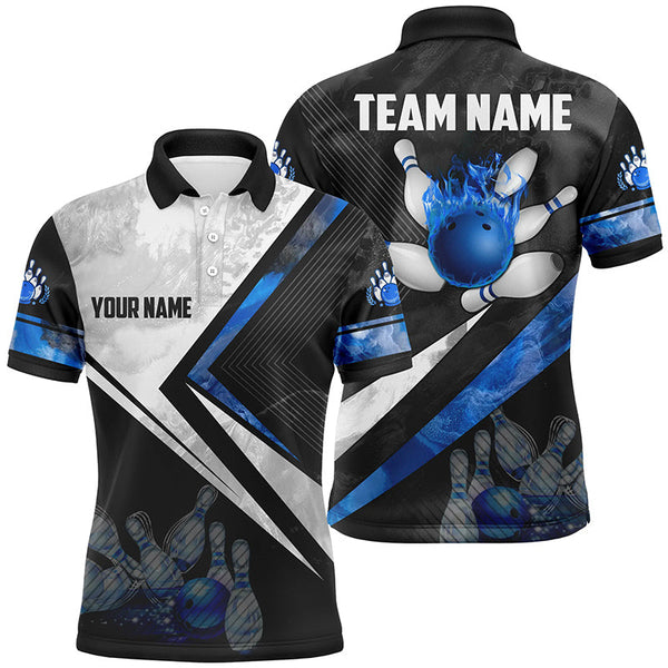Black and white Bowling polo Shirt for men Custom bowling ball pins team Bowler Jerseys | Blue NQS6447