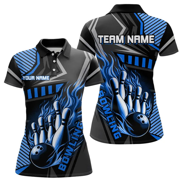 Black and Blue Bowling ball pins Polo, Quarter Zip shirt for women Custom Bowling Team League Jerseys NQS9255