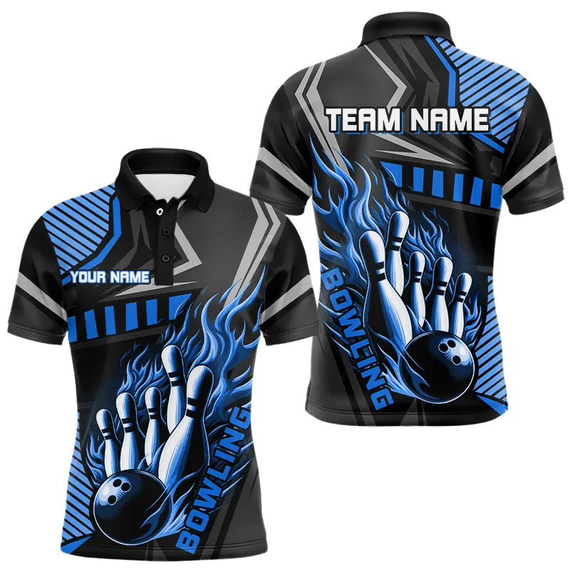 Black and Blue Bowling ball pins Polo, Quarter Zip shirt for men Custom Bowling Team League Jerseys NQS9255