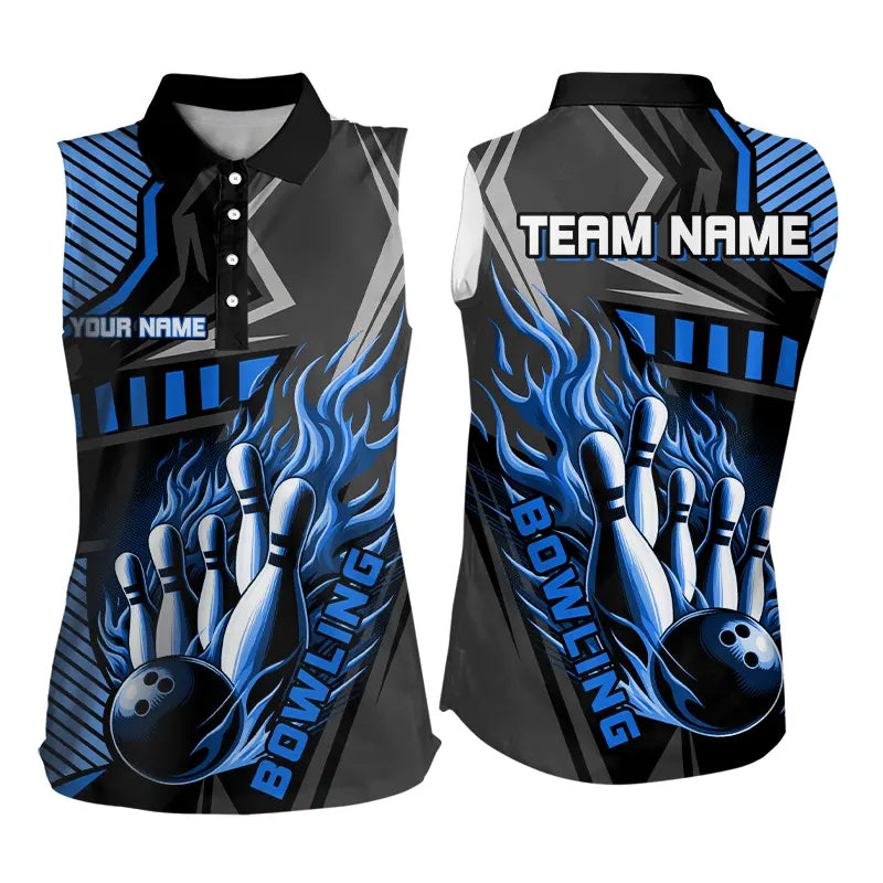 Black and Blue Bowling ball and pins Women sleeveless polo shirts Custom Bowling Team League Jerseys NQS9255