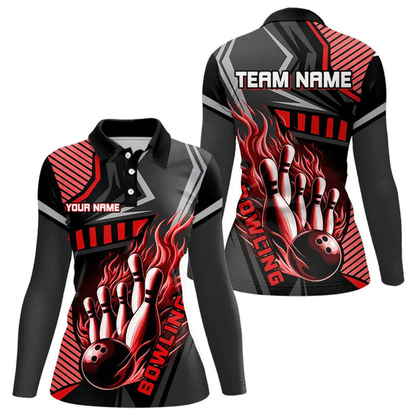 Black and Red Bowling ball pins Polo, Quarter Zip shirt for women Custom Bowling Team League Jerseys NQS9256