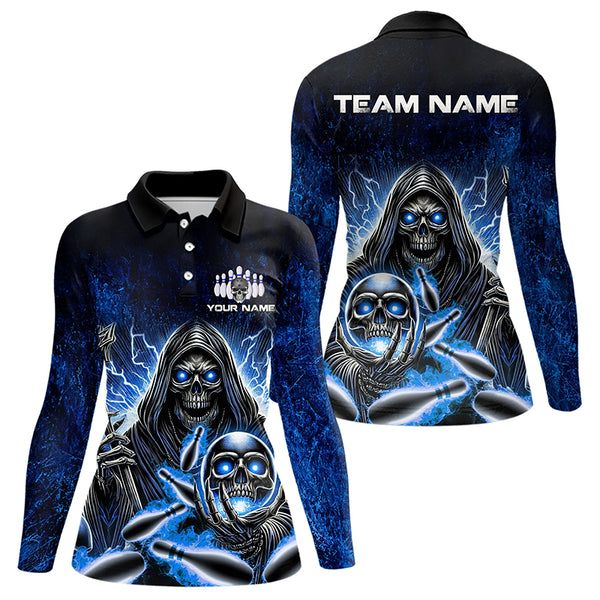 Personalized Skull Bowling Shirt For Women Custom Team Name Lightning Thunder Bowler Jerseys | Blue NQS9747