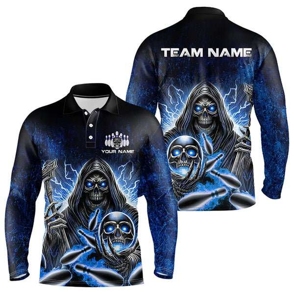 Personalized Skull Bowling Shirt For Men Custom Team Name Lightning Thunder Bowler Jerseys | Blue NQS9747