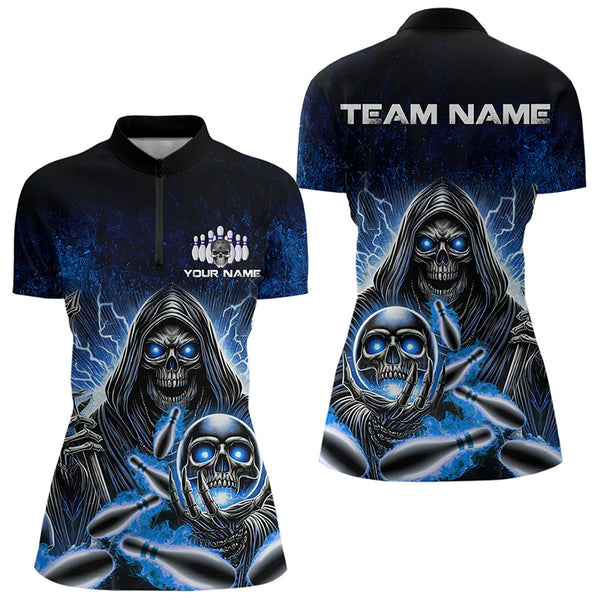 Personalized Skull Bowling Shirt For Women Custom Team Name Lightning Thunder Bowler Jerseys | Blue NQS9747