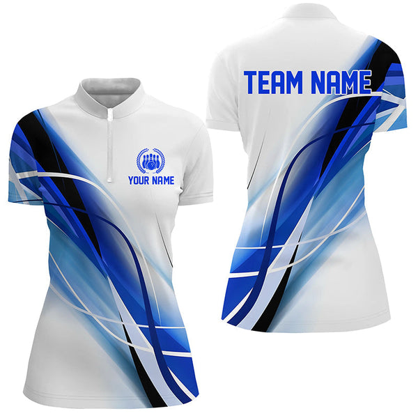 Personalized White and Blue Geometric bowling shirts for Women custom teams name bowler jerseys NQS8336