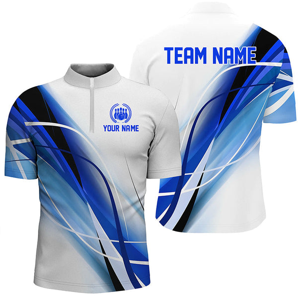Personalized White and Blue Geometric bowling shirts for Men custom teams name bowler jerseys NQS8336