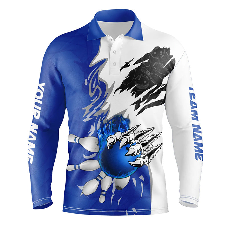 White Bowling polo Shirt for men Custom bowling ball pins Jerseys flame bowling shirt | Blue NQS6460