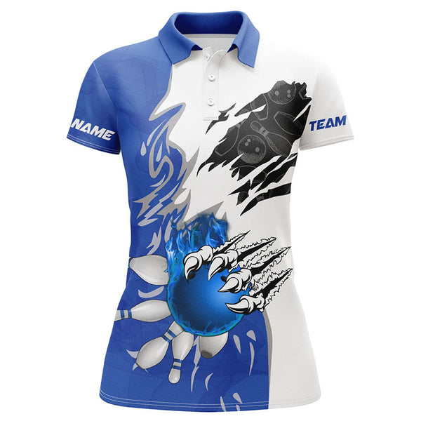 White Bowling polo Shirt for women Custom bowling ball pins Jerseys flame bowling shirt | Blue NQS6460