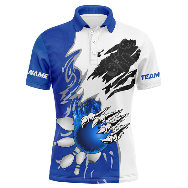 White Bowling polo Shirt for men Custom bowling ball pins Jerseys flame bowling shirt | Blue NQS6460