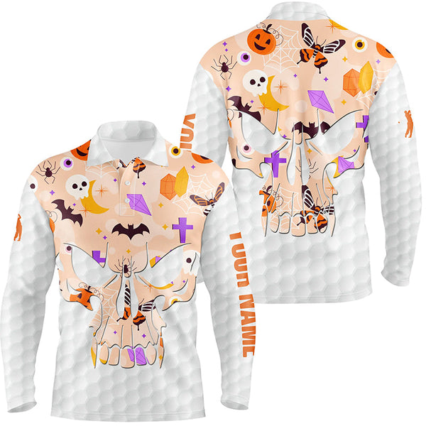 Mens golf polo shirt orange Halloween pattern custom skull golf ball shirt for men, best men golf wear NQS8543