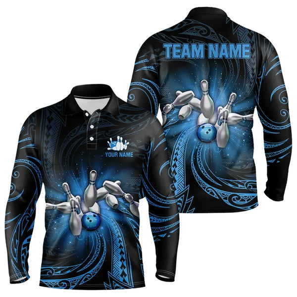 Blue tribal pattern Bowling Polo, Quarter Zip shirt for men Custom team bowling jerseys, bowling gifts NQS9263