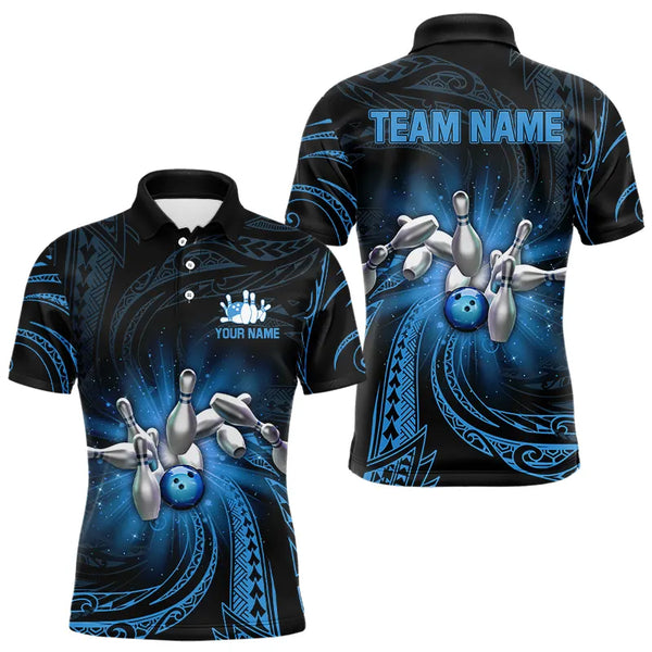 Blue tribal pattern Bowling Polo, Quarter Zip shirt for men Custom team bowling jerseys, bowling gifts NQS9263