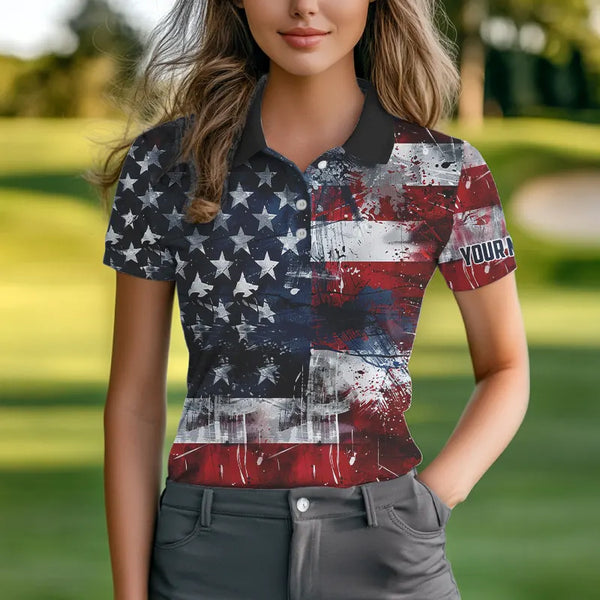 Personalized Polo golf shirts for Women custom grunge American Flag patriotic Ladies golf wears NQS9433