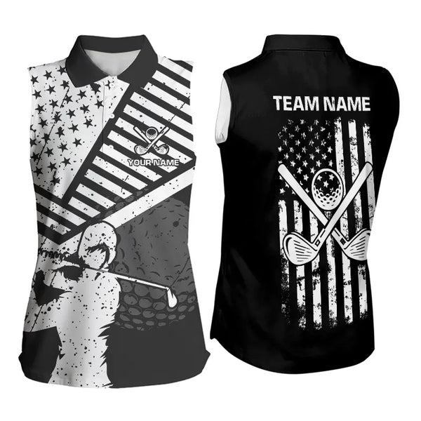 Black and White American Flag Women Sleeveless polo shirt custom patriotic golf apparel team jerseys NQS9605