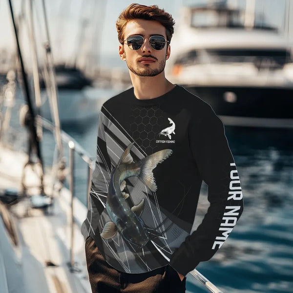Personalized Black camo Catfish Fishing Jerseys, Catfish Long Sleeve Fishing Tournament Shirts NQS9750
