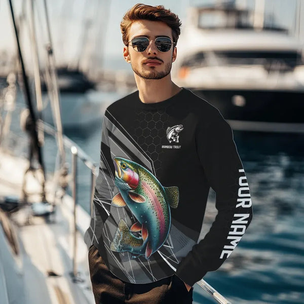 Personalized Black camo Rainbow Trout Fishing Jerseys, Trout Long Sleeve Fishing Tournament Shirts NQS9751