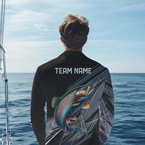 Personalized Black camo Rainbow Trout Fishing Jerseys, Trout Long Sleeve Fishing Tournament Shirts NQS9751