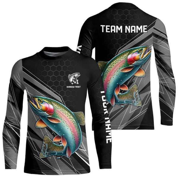 Personalized Black camo Rainbow Trout Fishing Jerseys, Trout Long Sleeve Fishing Tournament Shirts NQS9751