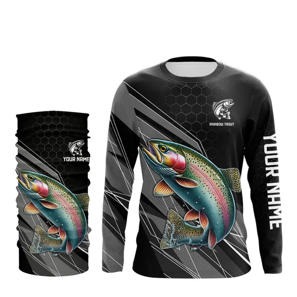 Personalized Black camo Rainbow Trout Fishing Jerseys, Trout Long Sleeve Fishing Tournament Shirts NQS9751