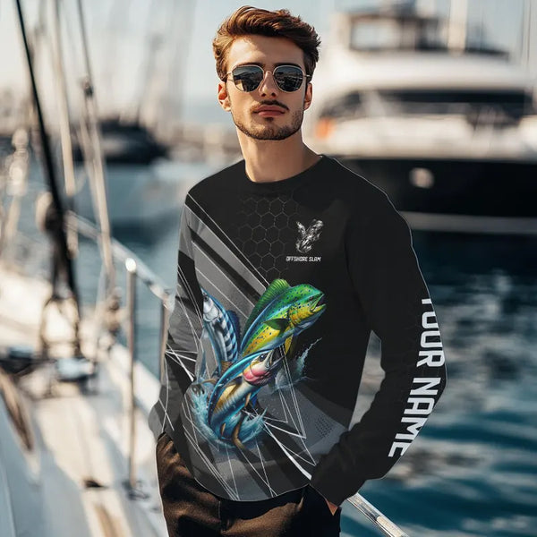 Personalized Black camo Mahi-mahi, Wahoo, Tuna Offshore slam Fishing Jerseys Long Sleeve Fishing Shirt NQS9752