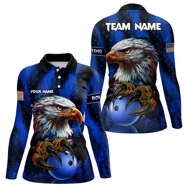 American Flag Eagle Women Bowling Polo, 1/4 Zip Shirt Custom Name Patriotic Bowling Team Jersey | Blue NQS9755