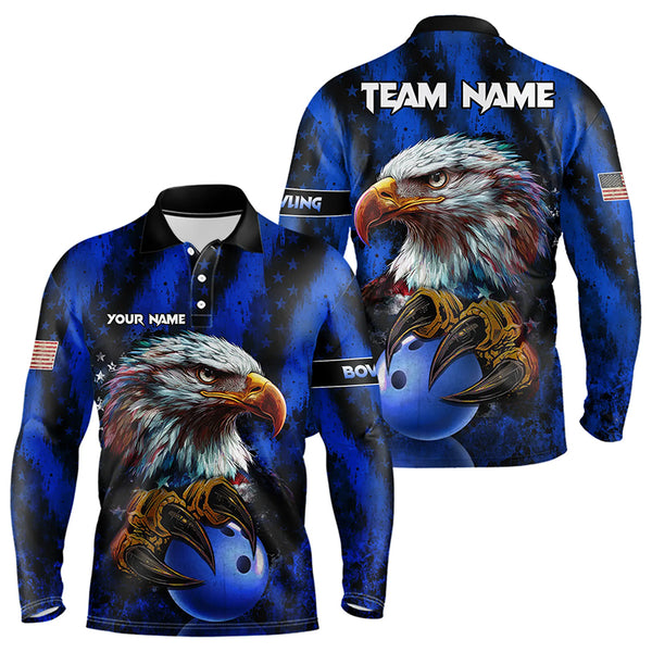 American Flag Eagle Mens Bowling Polo, 1/4 Zip Shirt Custom Name Patriotic Bowling Team Jersey | Blue NQS9755