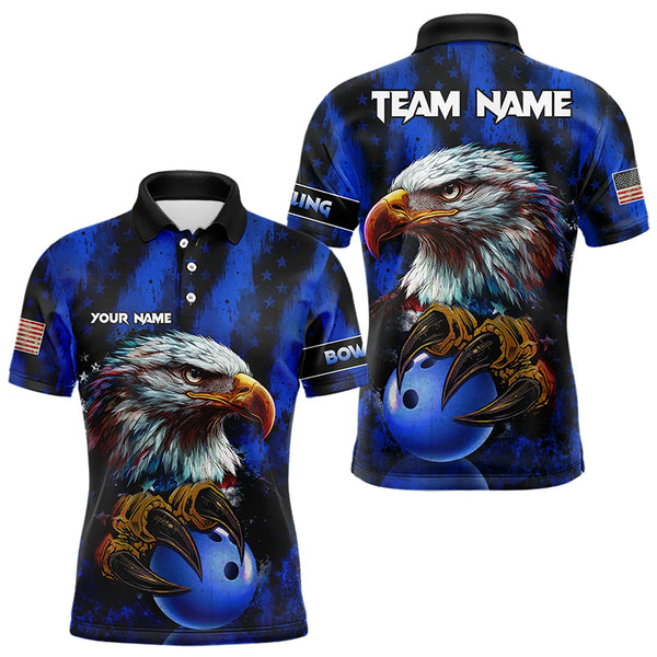 American Flag Eagle Mens Bowling Polo, 1/4 Zip Shirt Custom Name Patriotic Bowling Team Jersey | Blue NQS9755