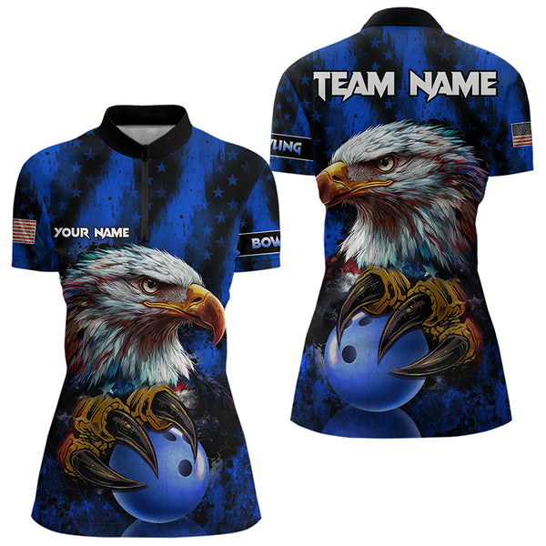 American Flag Eagle Women Bowling Polo, 1/4 Zip Shirt Custom Name Patriotic Bowling Team Jersey | Blue NQS9755