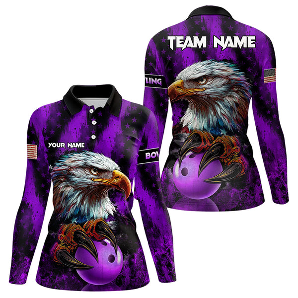 American Flag Eagle Women Bowling Polo, 1/4 Zip Shirt Custom Patriotic Bowling Team Jersey | Purple NQS9756