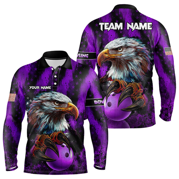 American Flag Eagle Mens Bowling Polo, 1/4 Zip Shirt Custom Patriotic Bowling Team Jersey | Purple NQS9756