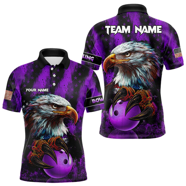 American Flag Eagle Mens Bowling Polo, 1/4 Zip Shirt Custom Patriotic Bowling Team Jersey | Purple NQS9756