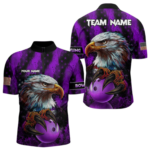American Flag Eagle Mens Bowling Polo, 1/4 Zip Shirt Custom Patriotic Bowling Team Jersey | Purple NQS9756