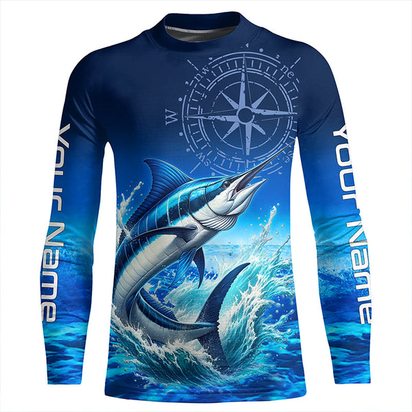 Personalized Marlin Blue Long Sleeve Performance Fishing Shirts, Marlin compass tournament Shirts NQS5816