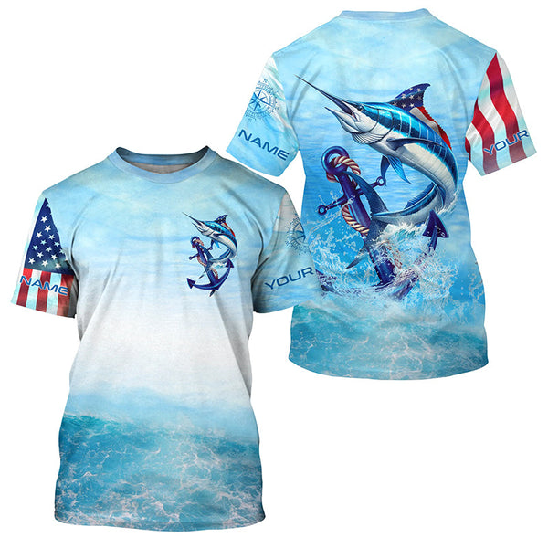 Marlin fishing blue water anchor compass American flag custom patriotic long sleeve Fishing jerseys NQS6901