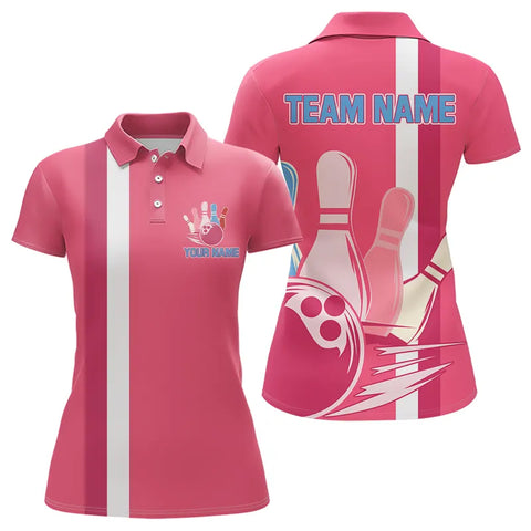 Pink Retro Women Bowling Polo, Quarter Zip shirt Custom team bowling jerseys, vintage bowling uniform NQS9275