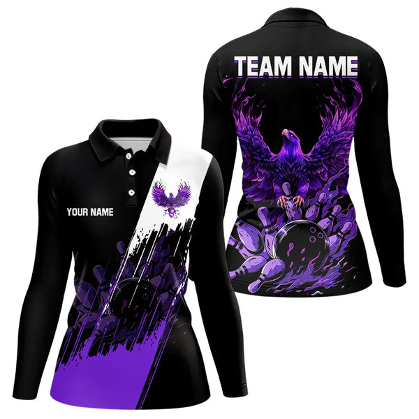 Black and Purple Eagle bowling jerseys Polo, Quarter Zip Shirt for Women Custom Bowling Team shirts NQS9437