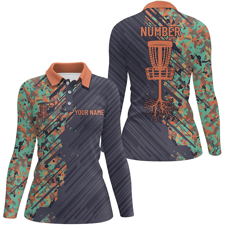 Womens disc golf polo shirts custom name Grunge Camo disc golf basket, personalized disc golf apparel NQS7200