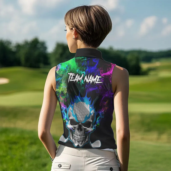 Colorful smoke Skull Sleeveless Golf Polo shirts for Women Custom Team Golf Jerseys, unique golf gifts NQS9610