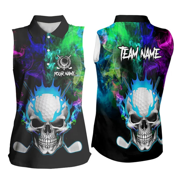 Colorful smoke Skull Sleeveless Golf Polo shirts for Women Custom Team Golf Jerseys, unique golf gifts NQS9610