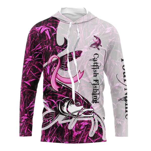 Catfish fishing pink Camo ribbon Breast Cancer Custom name sun protection long sleeves fishing shirts NQS9760