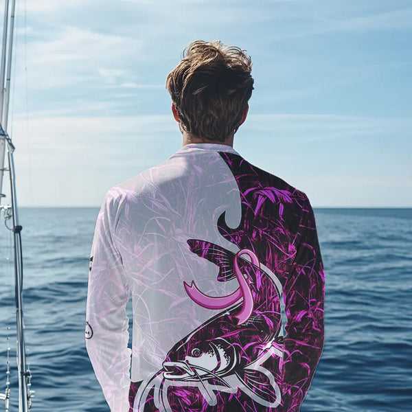 Catfish fishing pink Camo ribbon Breast Cancer Custom name sun protection long sleeves fishing shirts NQS9760
