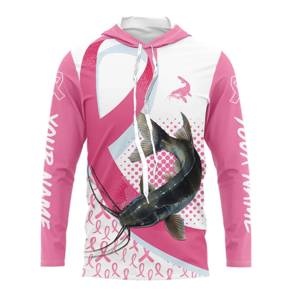 Pink ribbon pattern Catfish fishing Breast Cancer Custom sun protection long sleeves fishing shirts NQS9761