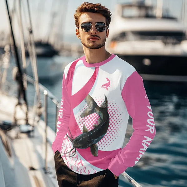 Pink ribbon pattern Catfish fishing Breast Cancer Custom sun protection long sleeves fishing shirts NQS9761